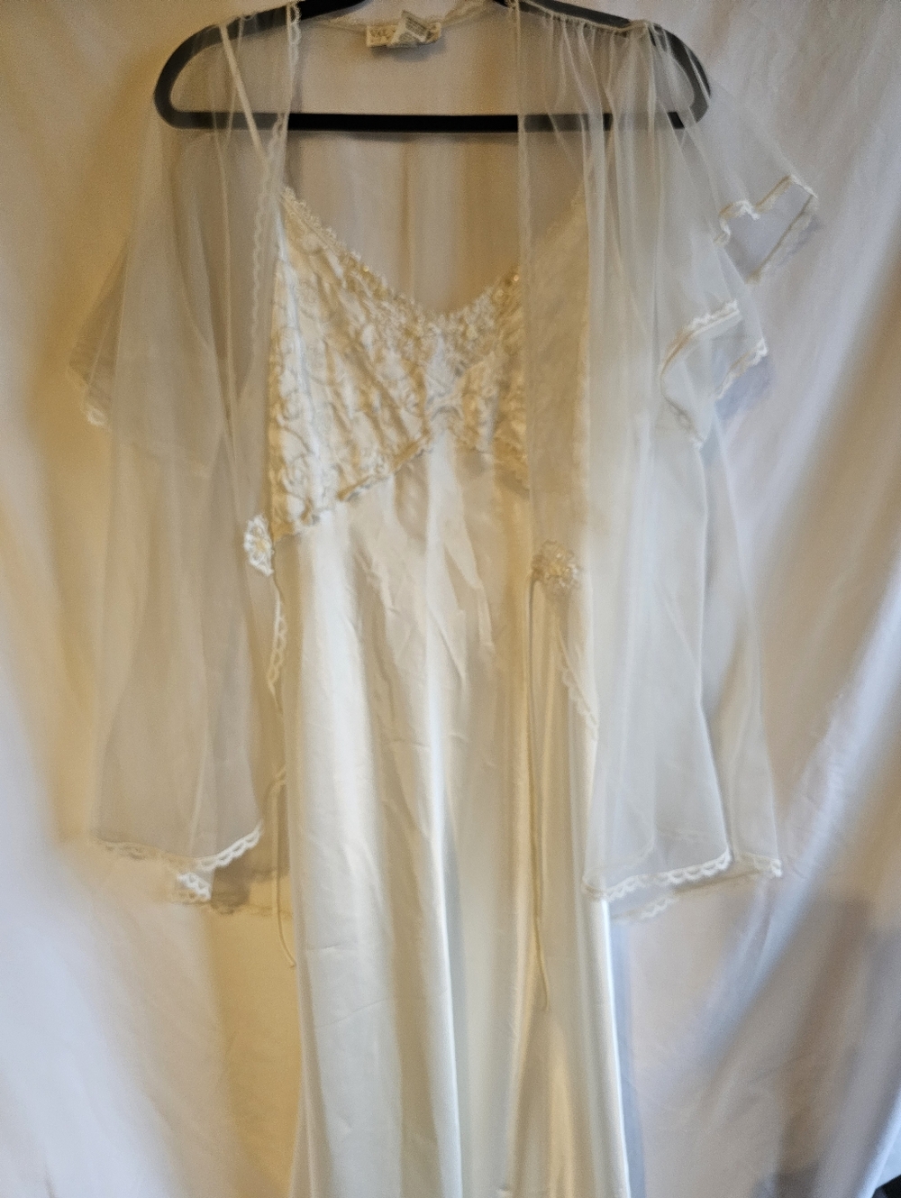 Vintage White Lace Trim Slip Dress with Sheer Robe Large